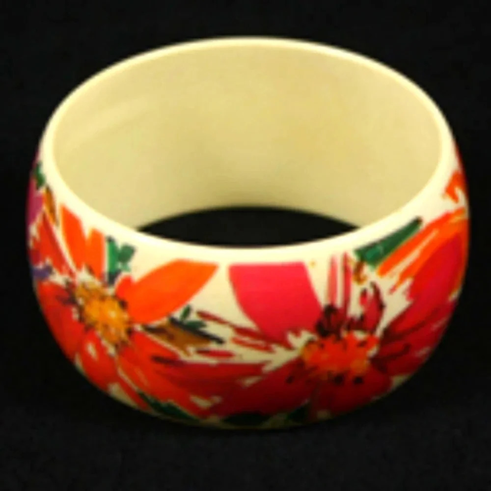 Vintage Cuff Bracelet Mod Floral Print Lucite Multicolor Flower Power Bangle